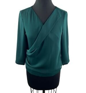 SOLAR Green Satin Faux Wrap Blouse Top 3/4 Sleeve Surplice Neck Size 34 /2